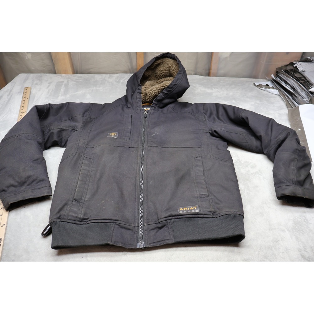 Ariat Rebar Jacket Mens Medium Black Canvas Rugged Hooded Sherpa Lined Insulated